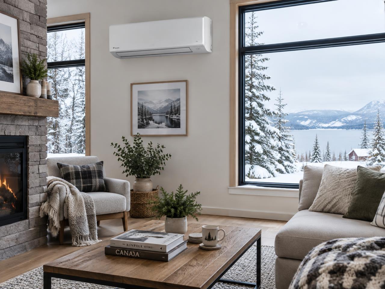 Ductless heat pump indoor unit in a living room with snow outside